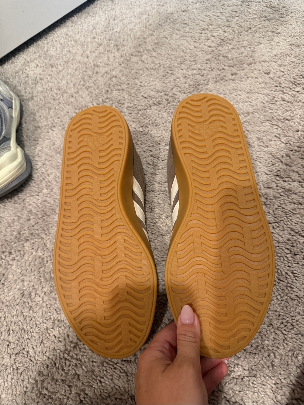 adidas womens Brown Suede Sneakers with White Stripes and Gum Sole - Picture 3 of 3